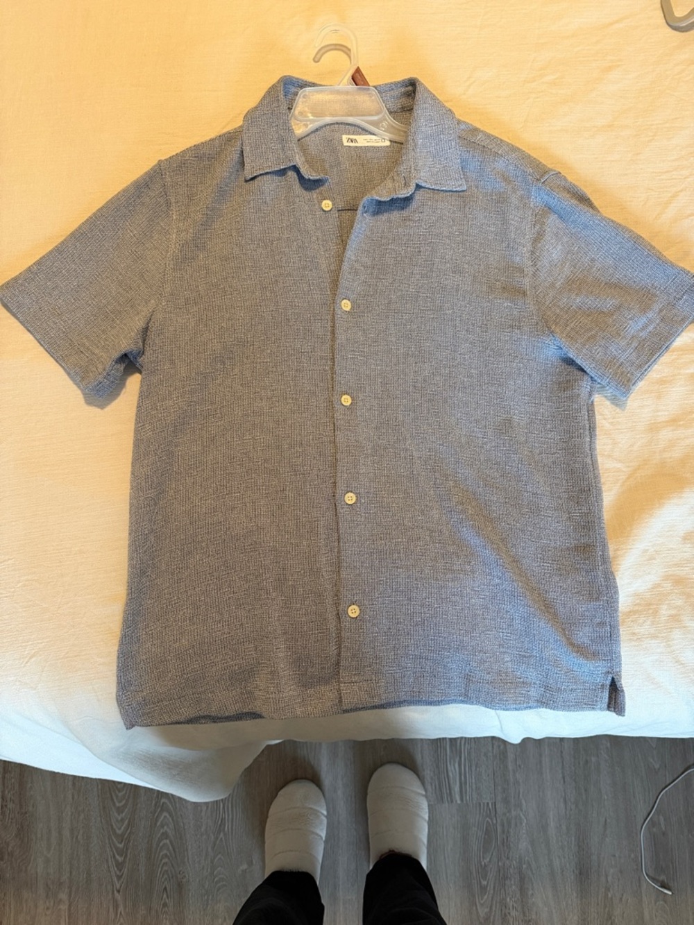 Zara Light Blue Short-Sleeve Textured Button-Down Shirt